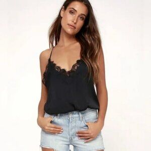 Free People Black Lace Trim Bodysuit Spaghetti Strap